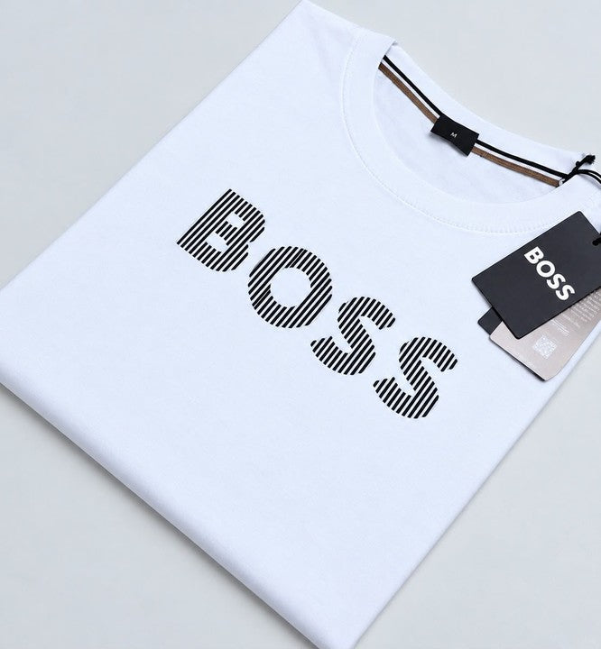 Playera Boss blanca con logo rayado